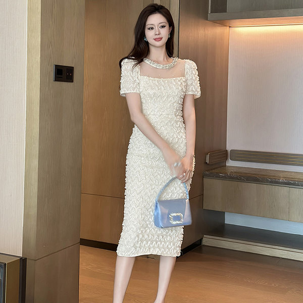 Đầm suông nữ midi cổ tròn tay ngắn phong cách Pháp — [Màu hạnh]