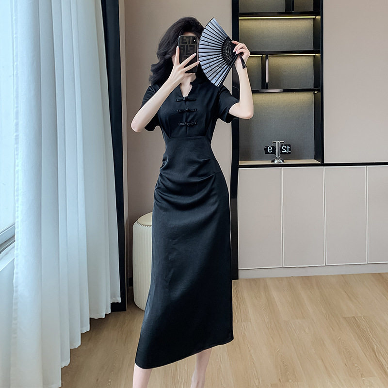 Váy Đầm Nữ Dáng Ôm Chiết Eo Phong Cách Trung Hoa Cổ Điển Màu Đen