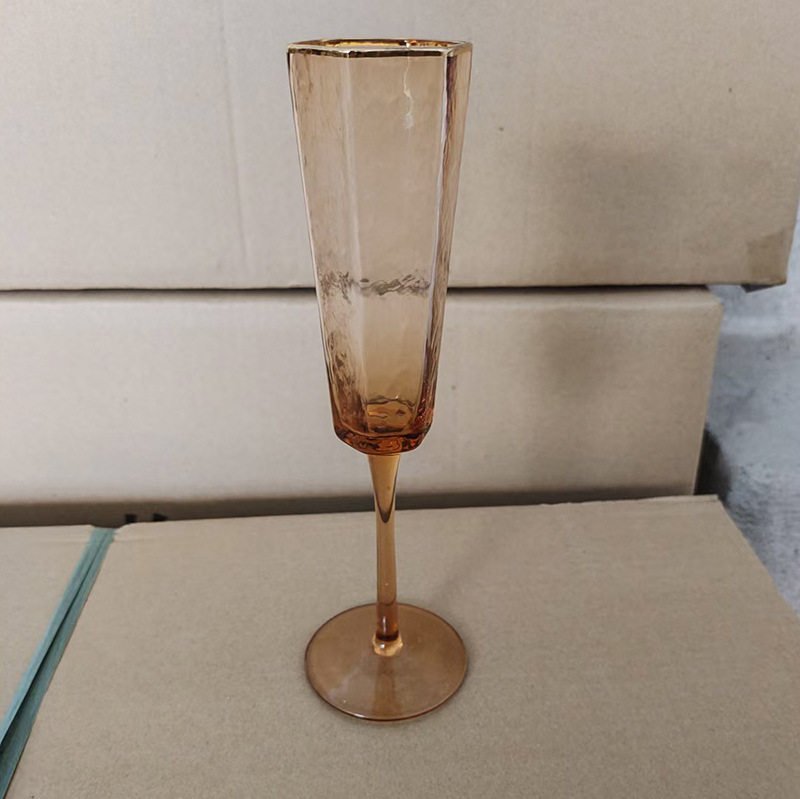 Nordic Gold-Rimmed Hammered Champagne-Colored Red Wine Glass, Champagne Glass, Hexagonal Water Glass, Household Glass Cup, Juice and Cold Drink Glass