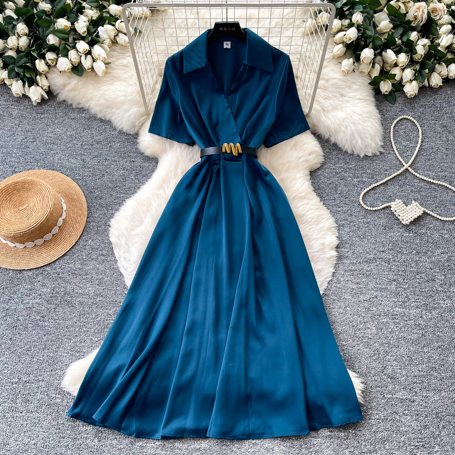 Satin A Line Dress for Women Soft Waist Defining Short Sleeve Summer Style Perfect for Commuting and Elegant