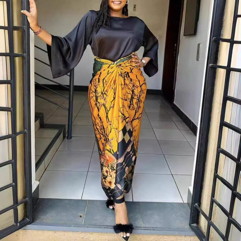 L0396 速卖通 亚马逊欧美时尚绑带印花气质连衣裙套装夏季半袖不