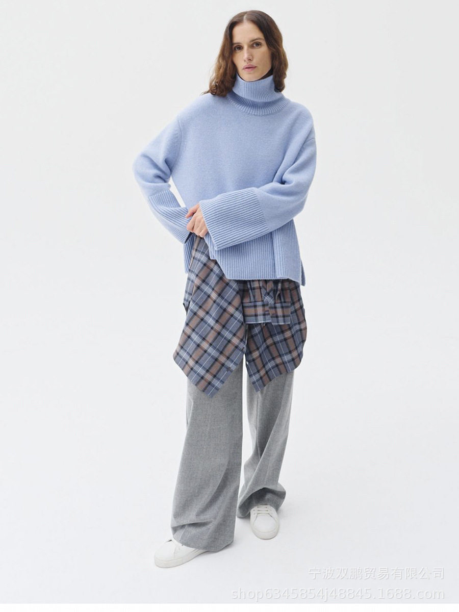 Loose Fit Turtleneck Sweater Solid Color Knitted Split Hem Autumn Winter Womens Fashion Wholesale Available