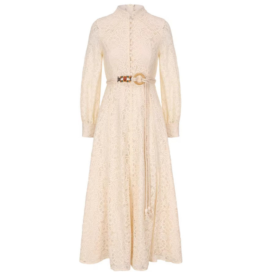 French Vintage Elegant Lace Collar Dress Spring and Autumn Style Waist Tie Design with Flared Skirt Wholesale Available