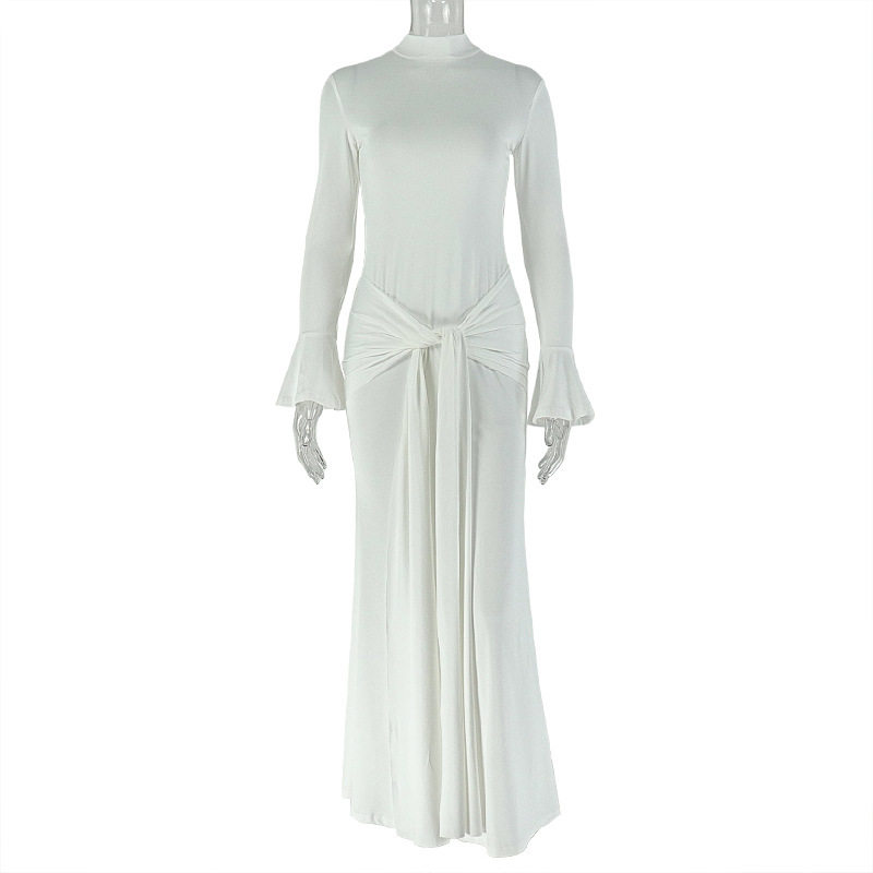 Elegant Long Sleeve Bodycon Dress Solid Color Flared Sleeves Tie Detail High Neck Perfect for Parties and Events