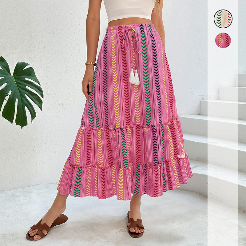 Bohemian Striped Print Skirt Summer Vacation Style Drawstring Tassel Details Lightweight Fabric Wholesale Available