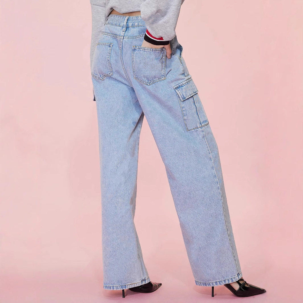 High Waisted Wide Leg Denim Trousers Loose Fit Utility Pockets Casual Style Womens Fashion Ready to Ship