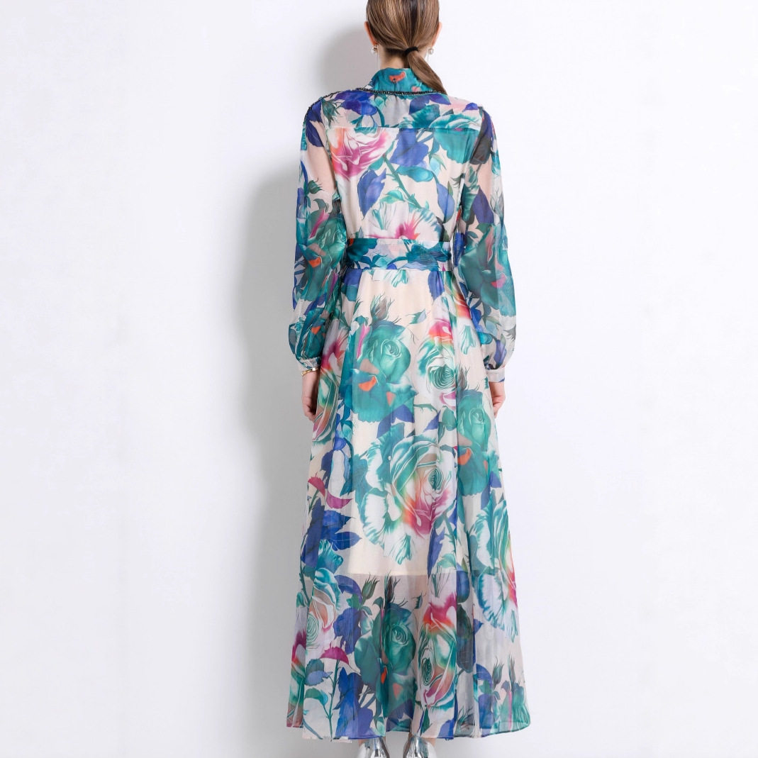 French Style High End Embellished Long Sleeve Printed Dress Elegant Fit Waist Tie Button Closure Autumn Fashion