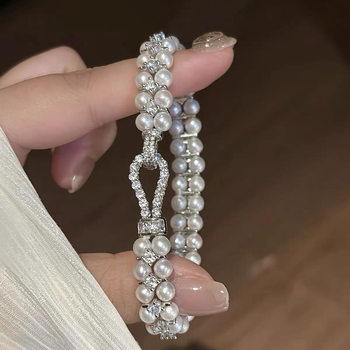 Light Luxury Design Freshwater Real Pearl Bracelet 3 Nearly Round Strong Light White Bright Simple Small Pearl Bracelet Double Row Pearls