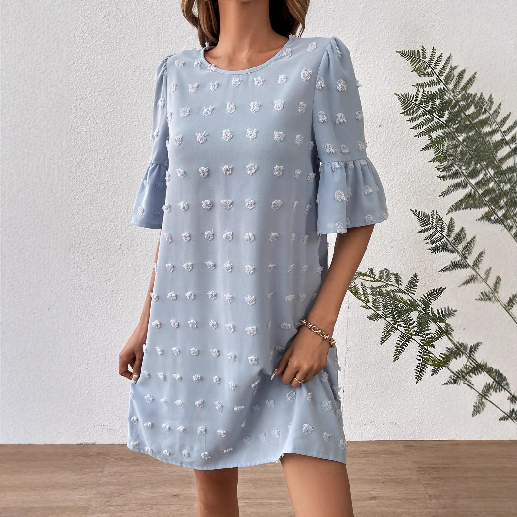 Chiffon Dress for Women Solid Color Short Sleeve Pom Detail Casual Summer Wear Wholesale Available