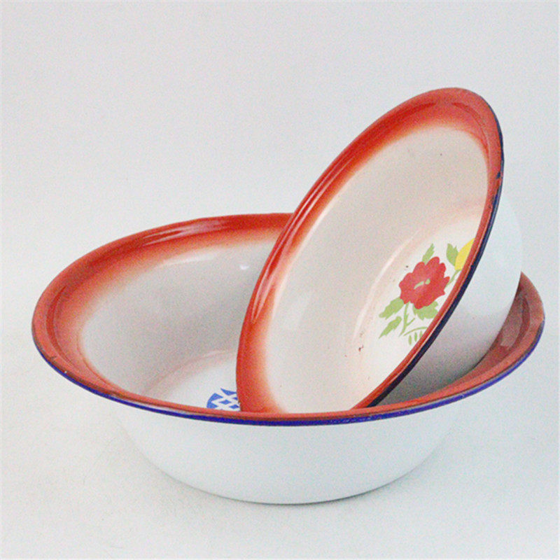 Old-Fashioned Enamel Soup Basin Bowl Red Small Bowl Porcelain Iron Rice Bowl Nostalgic Tableware Vegetable Bowl Mixing Bowl 10 Ginger Tea
