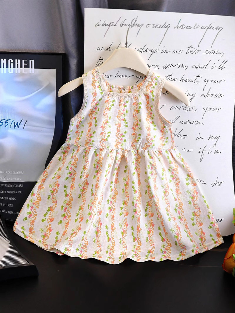 Gaun putri motif bunga penuh anak perempuan baru musim panas, gaya liburan manis, gaun tali