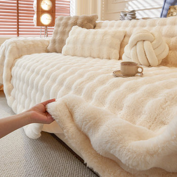 2025 New Rabbit Plush Sofa Cover Cover Cloth Towel Pad Anti-Cat Claw Winter Thickeneded Cream High-End Anti-Slip