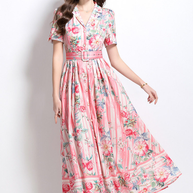 Elegant Womens Vintage Floral Maxi Dress Short Sleeve Waist Defined Retro Collar Spring Collection Wholesale