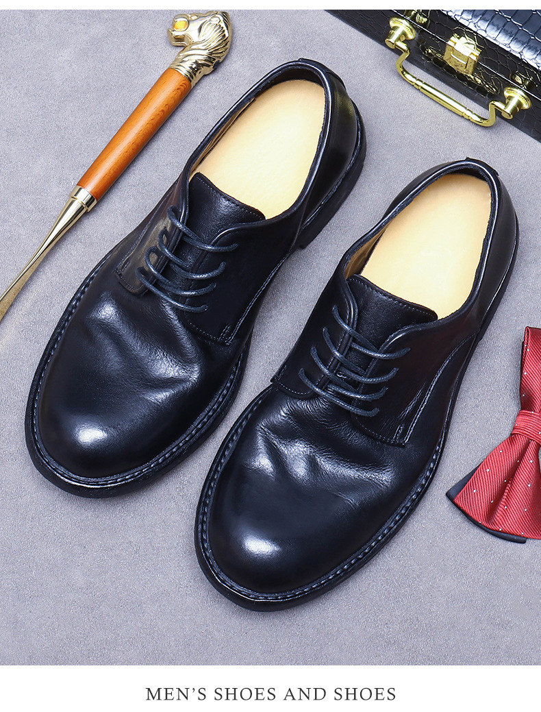 Giày Derby nam da bò thật mũi tròn đế da khâu tay Goodyear — Màu đen