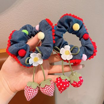Children's Retro Red and Blue Contrasting Color Hair Band for Girls Sweet Ball Hair Accessories Little Girl Strawberry Daisy Hair Rope