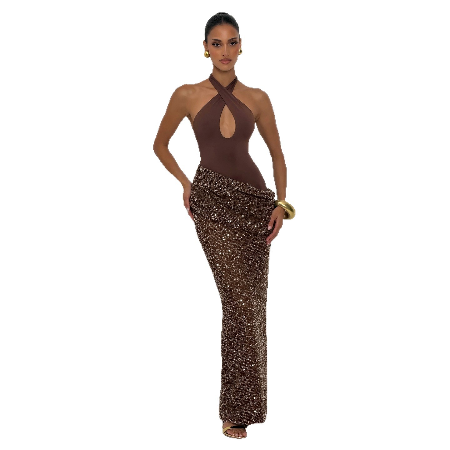Summer Womens Bodycon Dress Sexy Hollow Cross Neck Stylish Sequins Slim Fit Evening Party Wear OEM Available