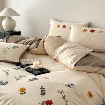 Autumn and Winter All-Cotton Brushed Four-Piece Set, Fresh Long-Staple Cotton Floral Towel Embroidery Pure Cotton Bed Sheet Duvet Cover Bedding Set