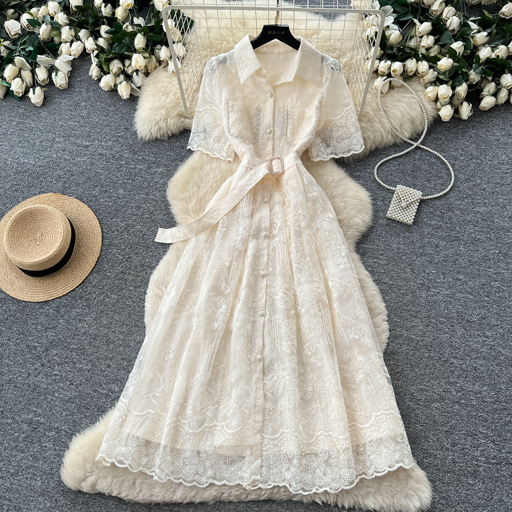 French Elegant Embroidered Lace Dress Summer Slim Fit A Line Korean Style Perfect for Office and Casual Occasions