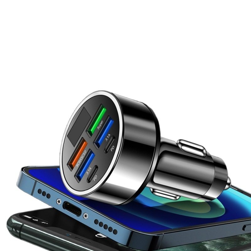 Six-in-one multi-port with digital display supports ultra-fast car charging 6 ports with voltage car charging one-to-six fast car charging