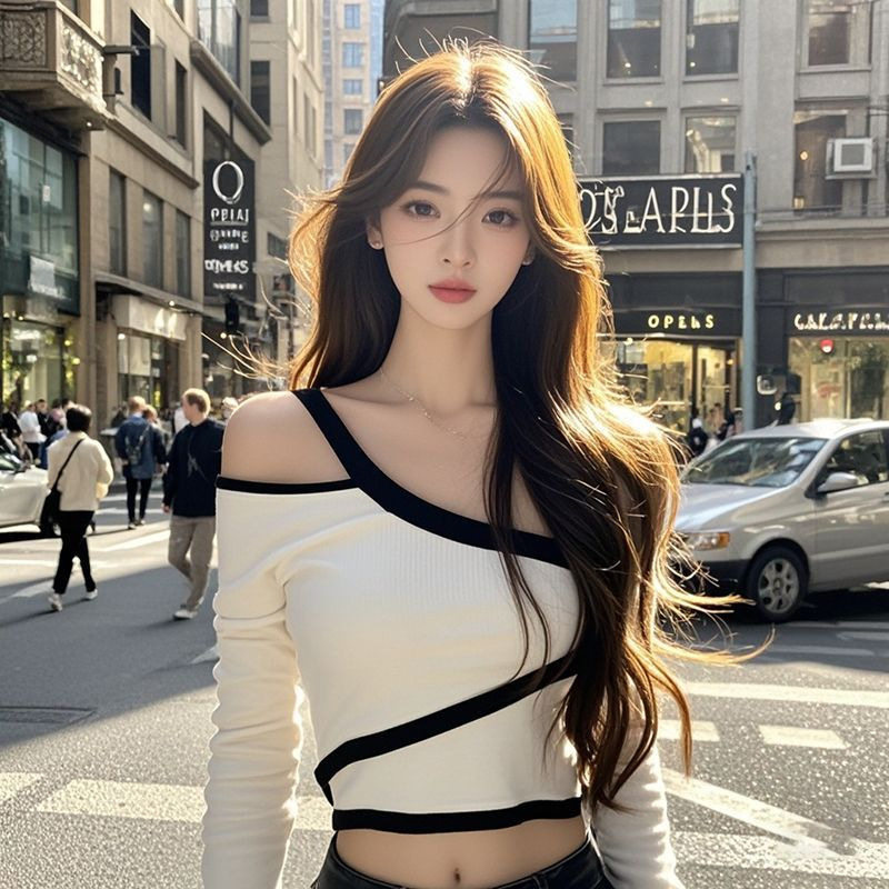 Early Autumn Spice Girl Fashion Design Sense Long Sleeve T-shirt 2024 New Slim-fit Slimming Niche Hollow Slant Shoulder Top ins