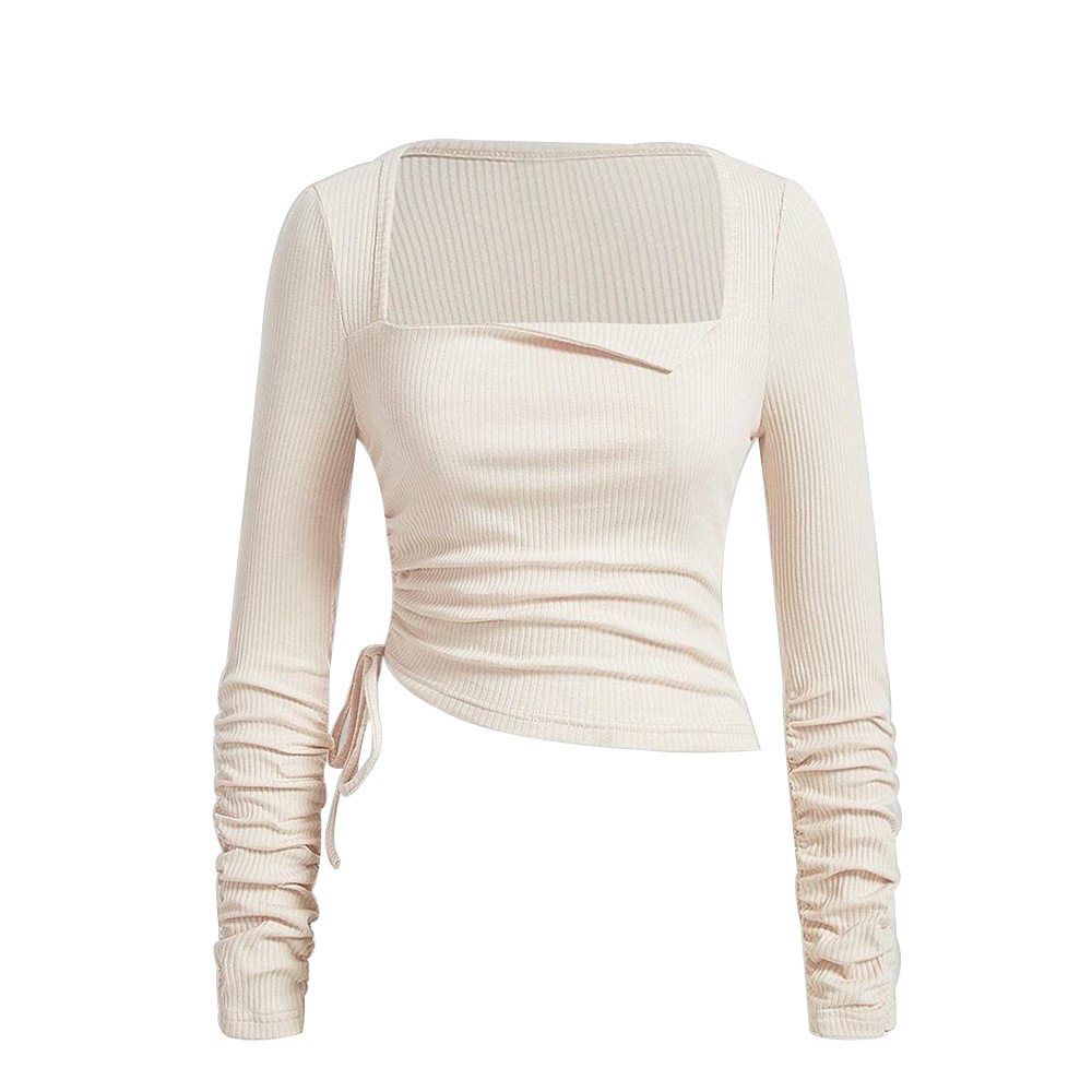 Womens Long Sleeve T Shirt Drawstring Ruched Slim Fit Stretch Fabric Square Neck Casual Wear Wholesale