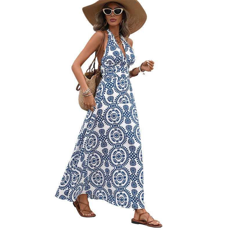 Floral Print Halter Dress Vintage Style Bohemian Vibe Lightweight Fabric Perfect for Summer Vacations Wholesale