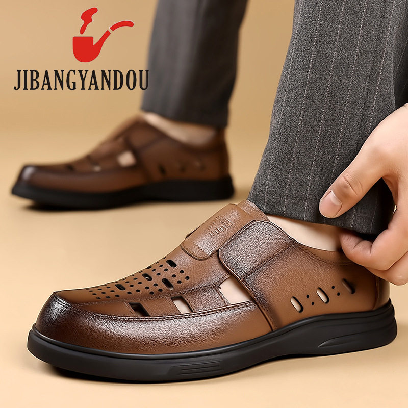 Sandal Nam Da Bò Đục Lỗ Thoáng Khí Chiều Cao Đế Khoảng 3cm Màu Nâu, Đen