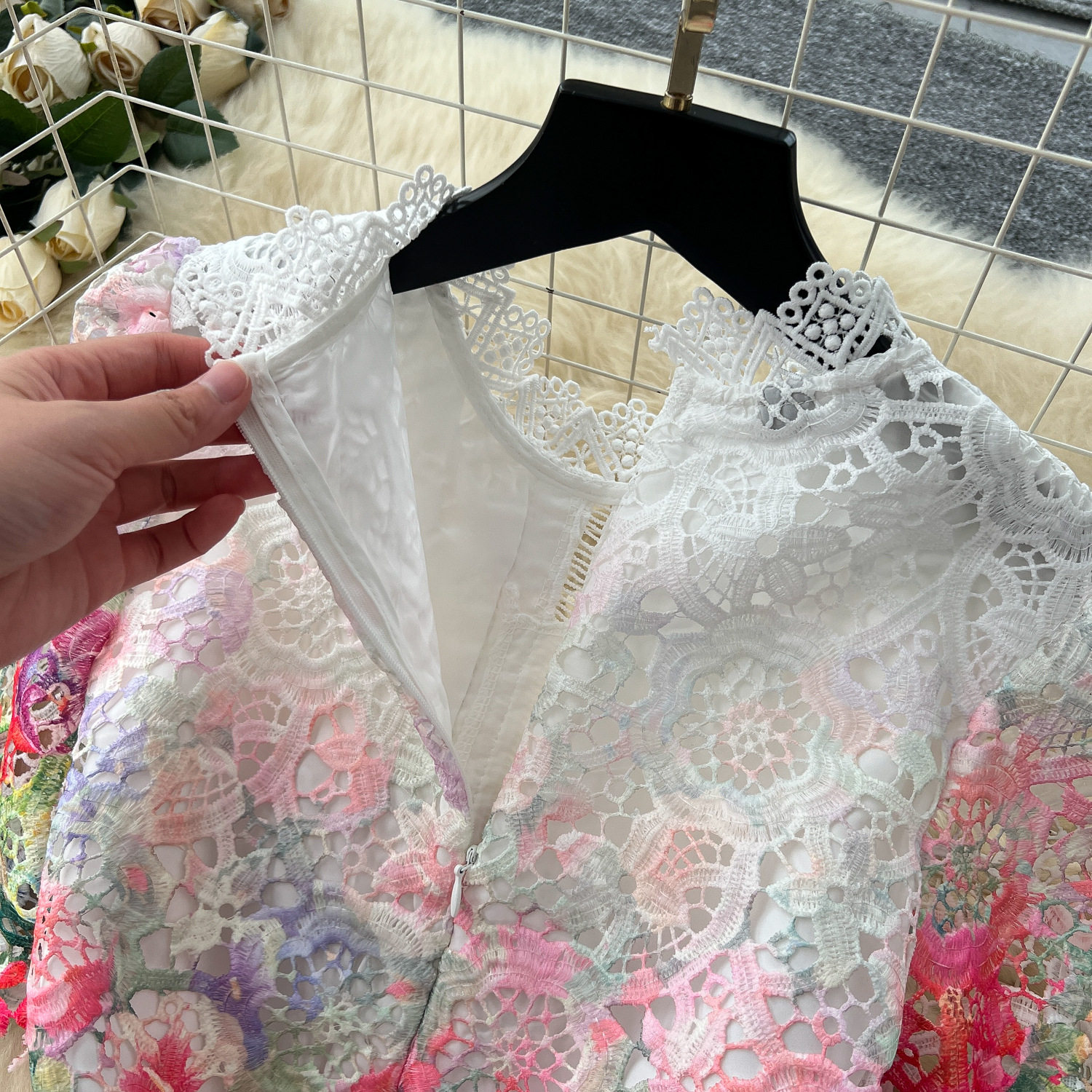 Elegant French Style Gradient Print Dress for Women Summer Hollow Out Lace Details Long Length Perfect for Formal