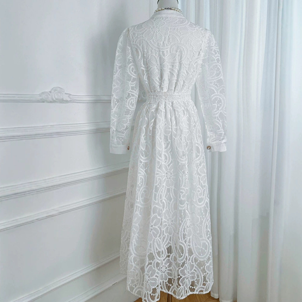 Elegant French Style Long Dress for Women Autumn Waist Tie Embroidered Sheer Mesh Button Closure Perfect for