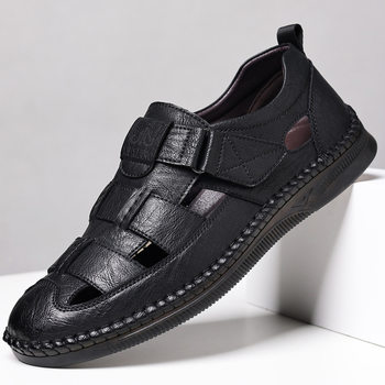 Summer Genuine Leather Hollow Sandals Velcro Hole Shoes Breathable Casual Men's Shoes Soft Sole Dad's Sandals Men's plus size