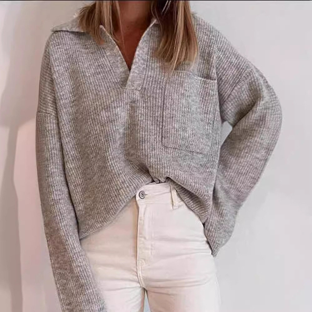 Casual Loose Fit Solid Color Sweater with Pockets Womens Knitwear for Everyday Wear Ready to Ship