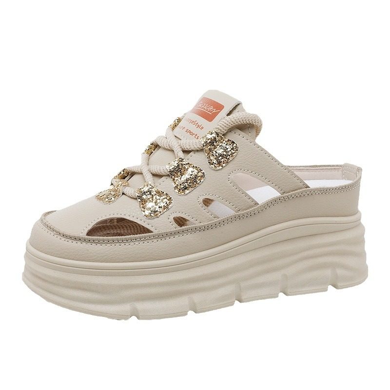 W3650 New Half-Slip Women's 2024 Summer Cut Out Heightening White Shoes Thick-Soled Casual Shoes Women's Sandals Breathable