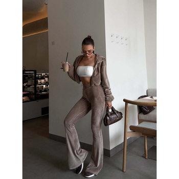 European and American Khaki Hot Girl Flared Trousers Two-Piece Set for Women High-End Short Hooded Sweatshirt Slim Suit for Women Wholesale