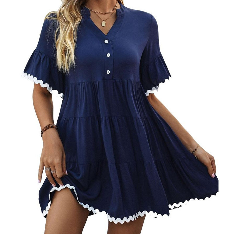 V Neck Solid Color Dress Ruffled Hem Versatile Style Perfect for Beach Vacations or Dates OEM Available