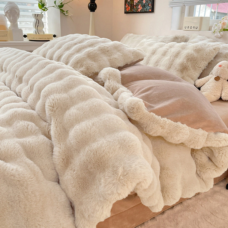 Class A High-weight Rabbit Fur Four-piece Set Winter Light Luxury Bubble Milk Velvet Dormitory Quilt Cover Three-piece Set 8 Jin Double-sided Velvet