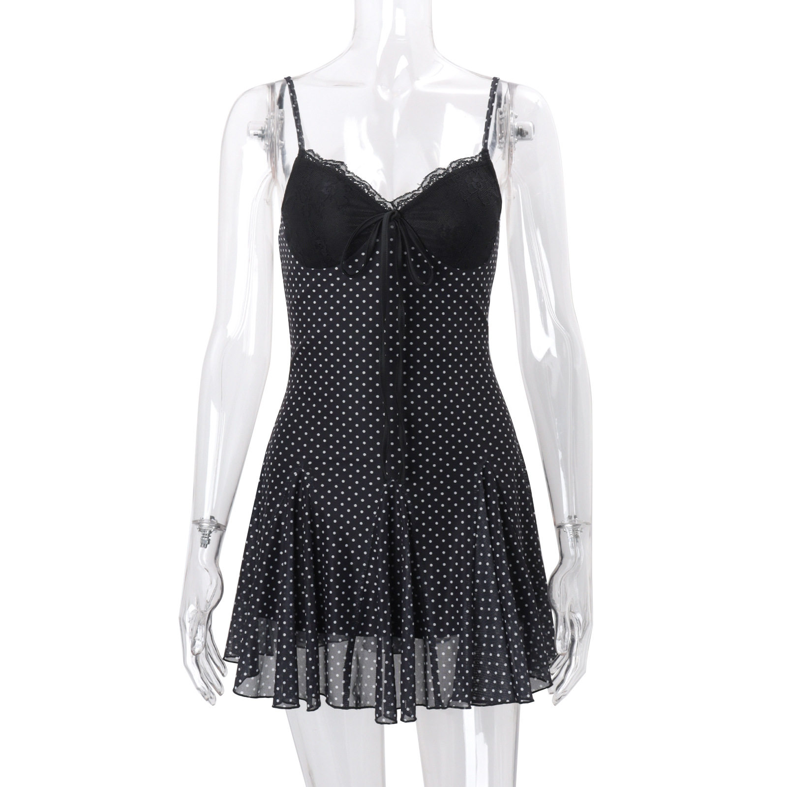 Lace Trim Polka Dot Sheer Halter Dress Sexy Elegant Design Spring Summer Fashion Wholesale Available