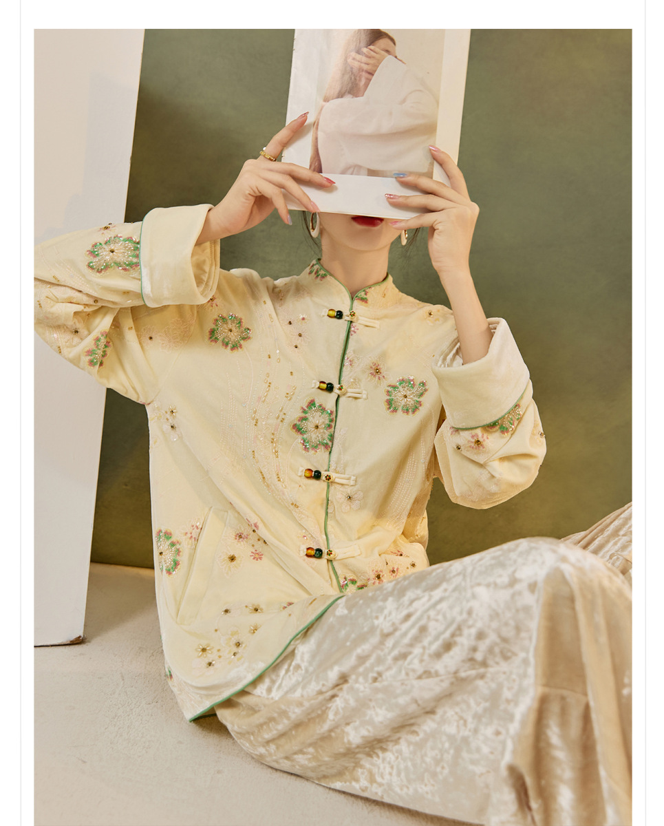 Áo khoác dạ nữ thêu cườm cổ đứng dáng suông — mơ, Mơ [phiên bản cotton]