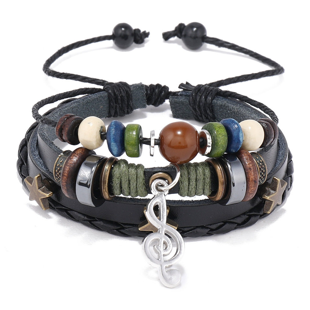 Cross-border New Jewelry Simple Multi-layer Beaded Leather Bracelet Personalized Note Pendant Bracelet Music Festival Accessories