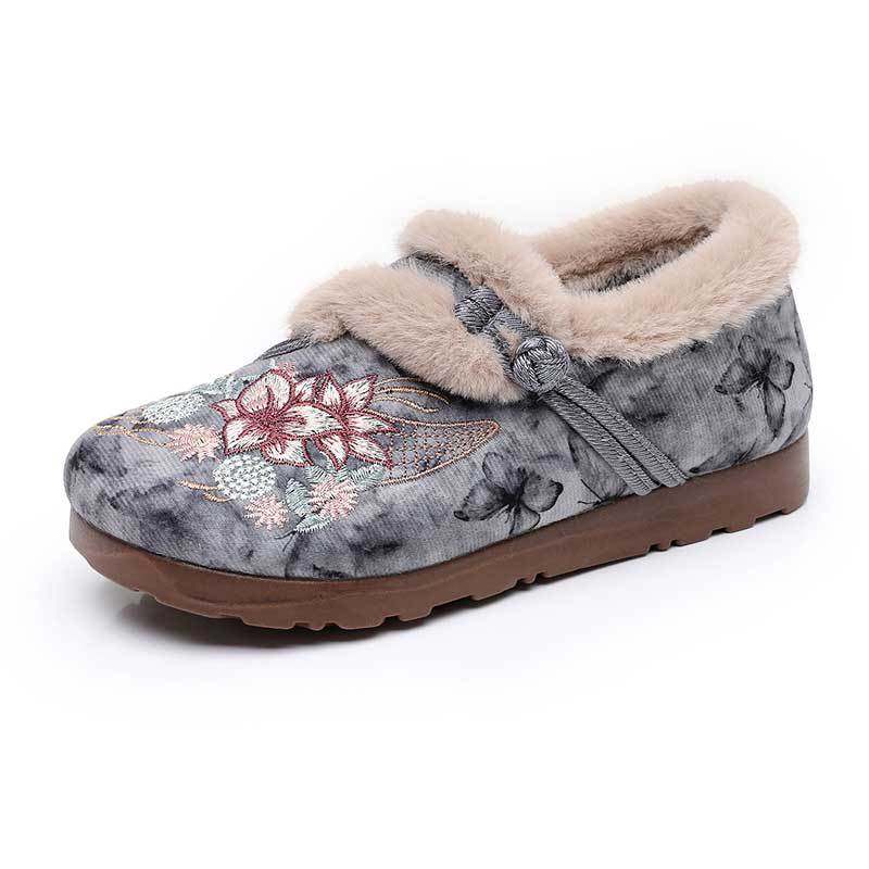 Women's Winter Hanfu Ethnic Cotton Shoes with Soft Soles, Old Beijing Cloth Shoes, Lightweight, Fleece-Lined for Warmth, Thickened for Warmth