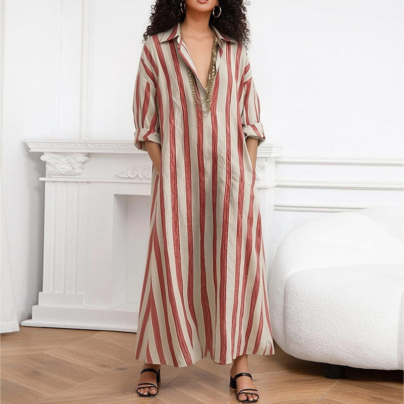 Womens Striped Maxi Dress Fashionable Casual Loose Fit V Neck Spring Summer Collection Wholesale Available