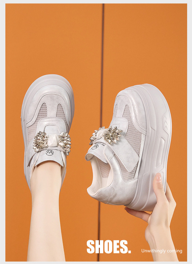 Giày sneaker nữ đế dày chunky trắng phối đá rhinestone, form hầm hố, tăng chiều cao — Trắng, Xám chi tiết 9