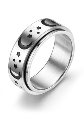 欧美跨境爆款可转动戒指星星月亮钛钢招财猫个性情侣饰品源头厂家