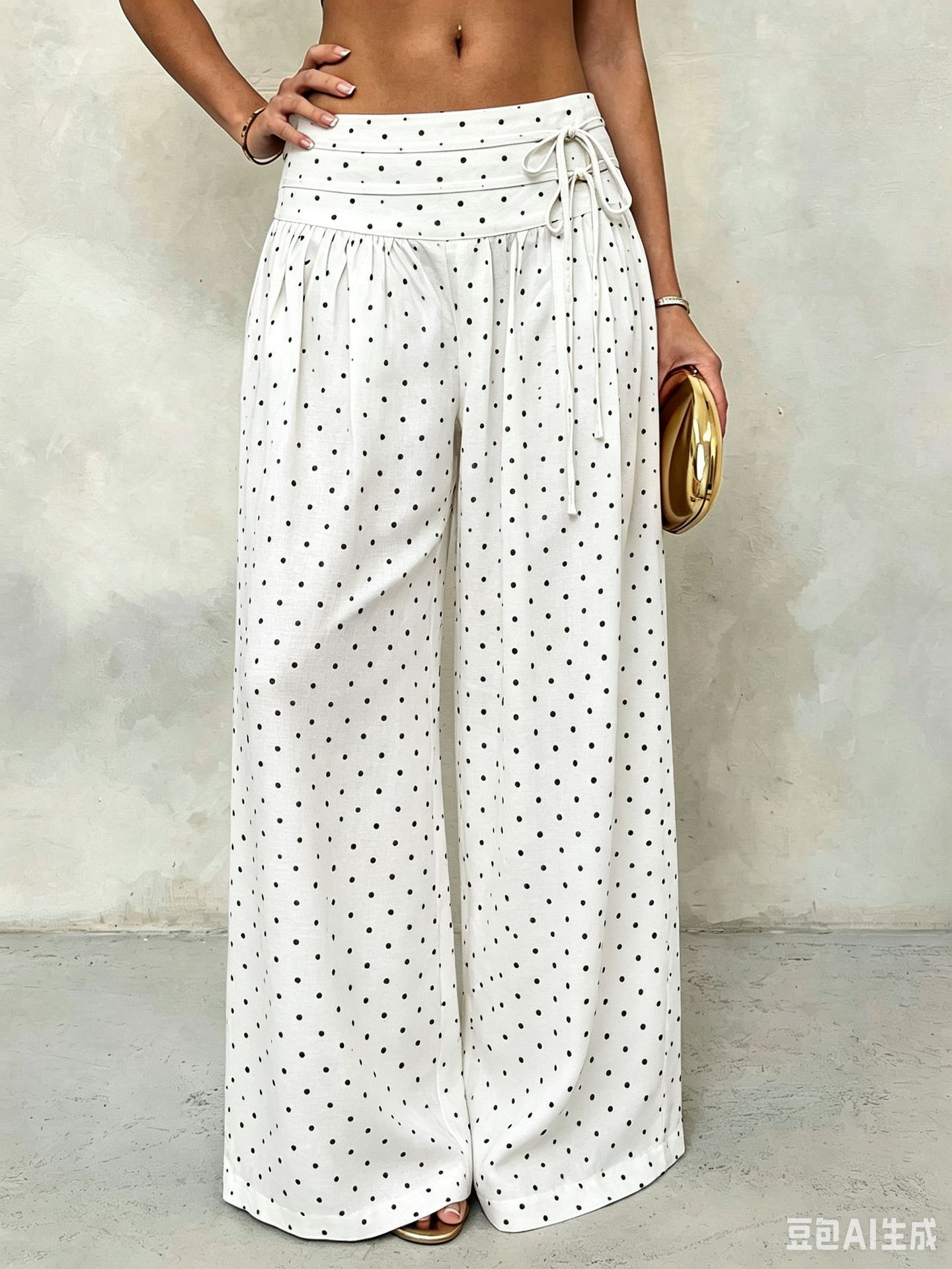 Black Polka Dot Casual Pants Lightweight Breathable Ice Silk Linen Summer Wear Wholesale Available