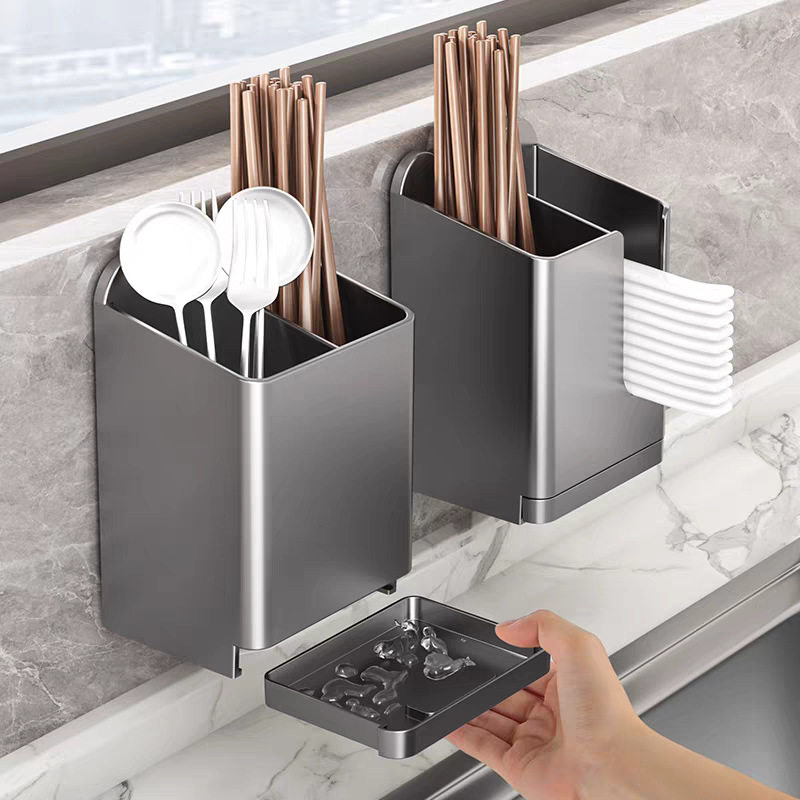 Chopstick Storage Box Kitchen Chopstick Cage Wall-Mounted Punch-Free Chopstick Cage Household Spoon Storage Rack Spoon Knife and Fork Rack