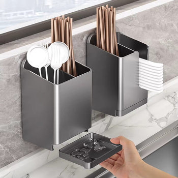 Chopstick Storage Box Kitchen Chopstick Cage Wall-Mounted Punch-Free Chopstick Cage Household Spoon Storage Rack Spoon Knife and Fork Rack