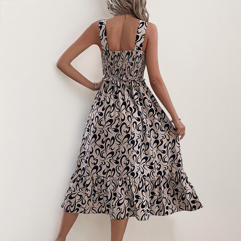Abstract Print Ruffled Maxi Dress Sleeveless Beach Vacation Style Lightweight Fabric Wholesale Available