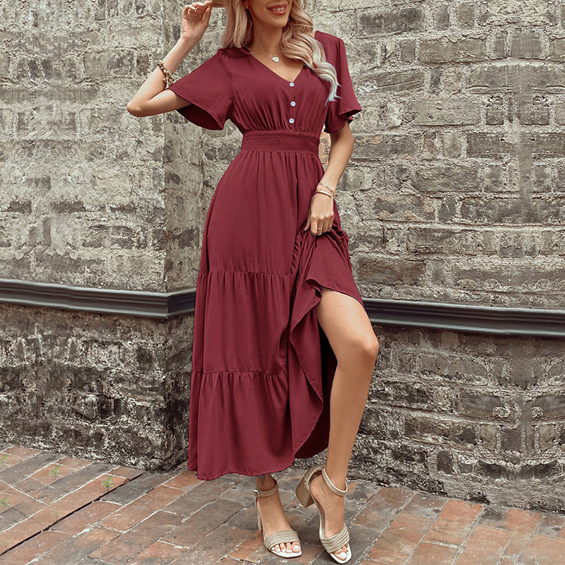Elegant Summer V Neck Ruffled Hem Dress Slim Fit Solid Color Versatile Style Perfect for Casual or Formal Occasions