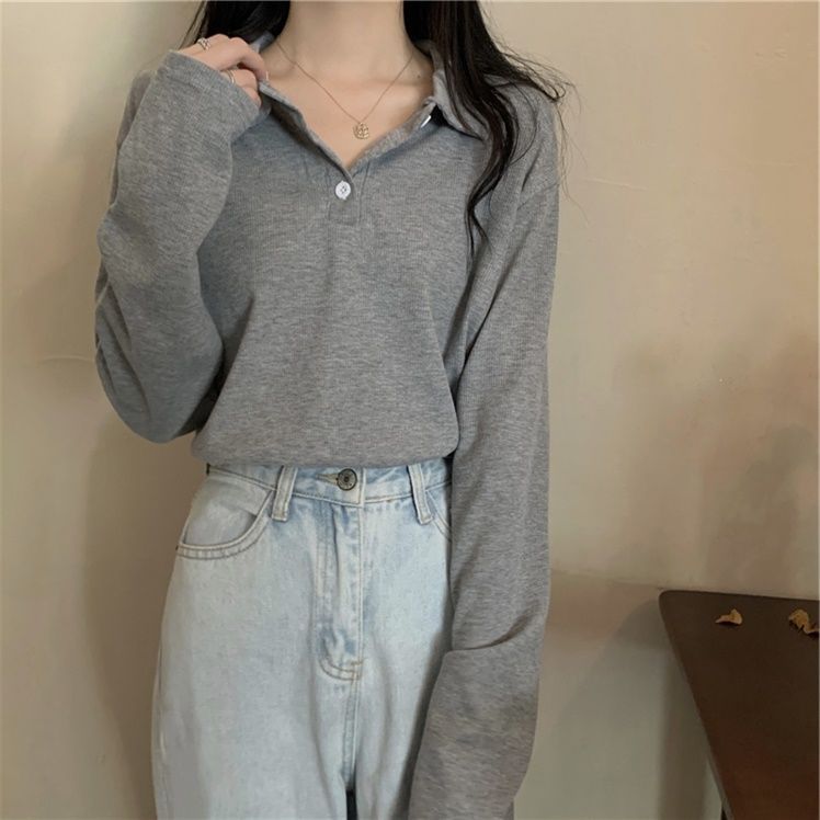 Loose Fit Long Sleeve Polo Shirt Korean Style Gray Color Autumn Fashion Casual Wear for Women Wholesale Available