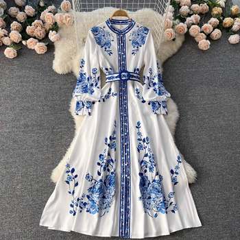 Cross-Border Palace Style Blue and White Porcelain Printed Stand Collar Single-Breasted Stunning Skirt with High-End Elegant and Elegant Large Hem Dress