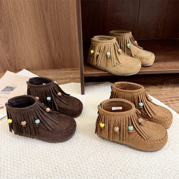 Girls Soft Leather Korean Style Tassel Boots 2025 Autum New Baby Little Girl Princess Boots Kidsren's Rear Zipper Short Boots